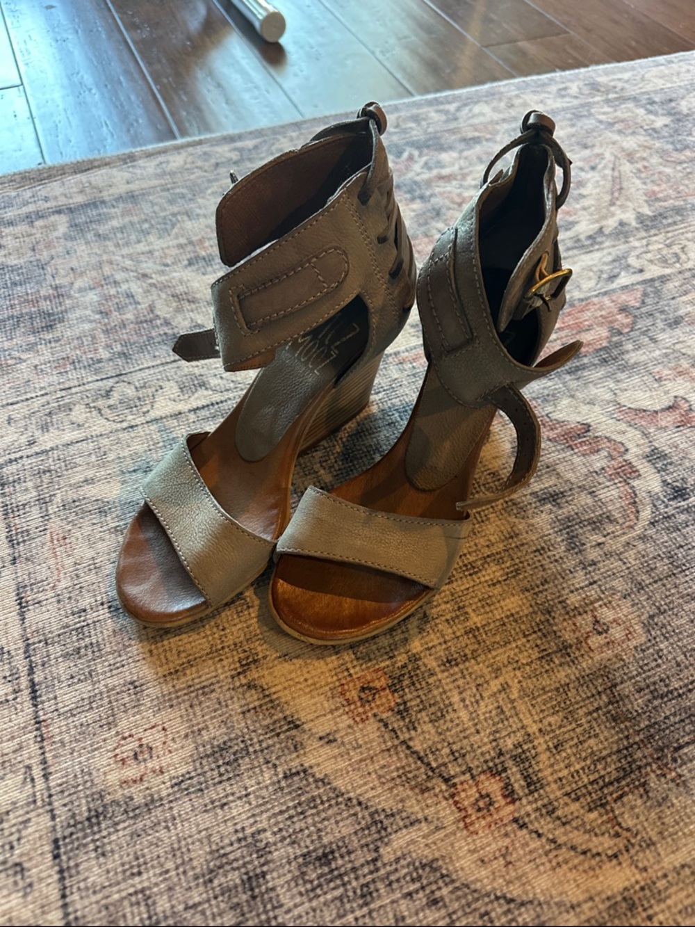 Miz Mooz Gray-Brown Wedge Heels with Ankle Strap